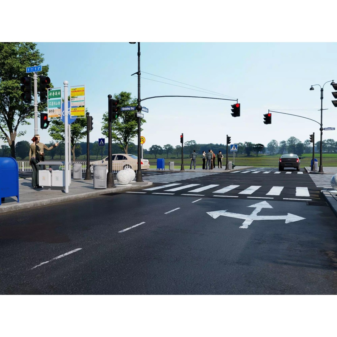 City Street Intersection 3D Model – Low Poly Urban Scene, FBX, PBR - View 6