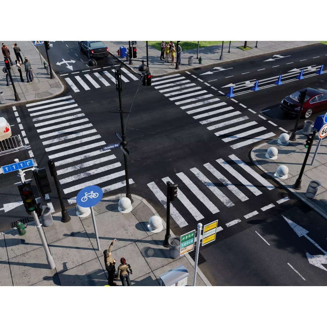 City Street Intersection 3D Model – Low Poly Urban Scene, FBX, PBR - View 7