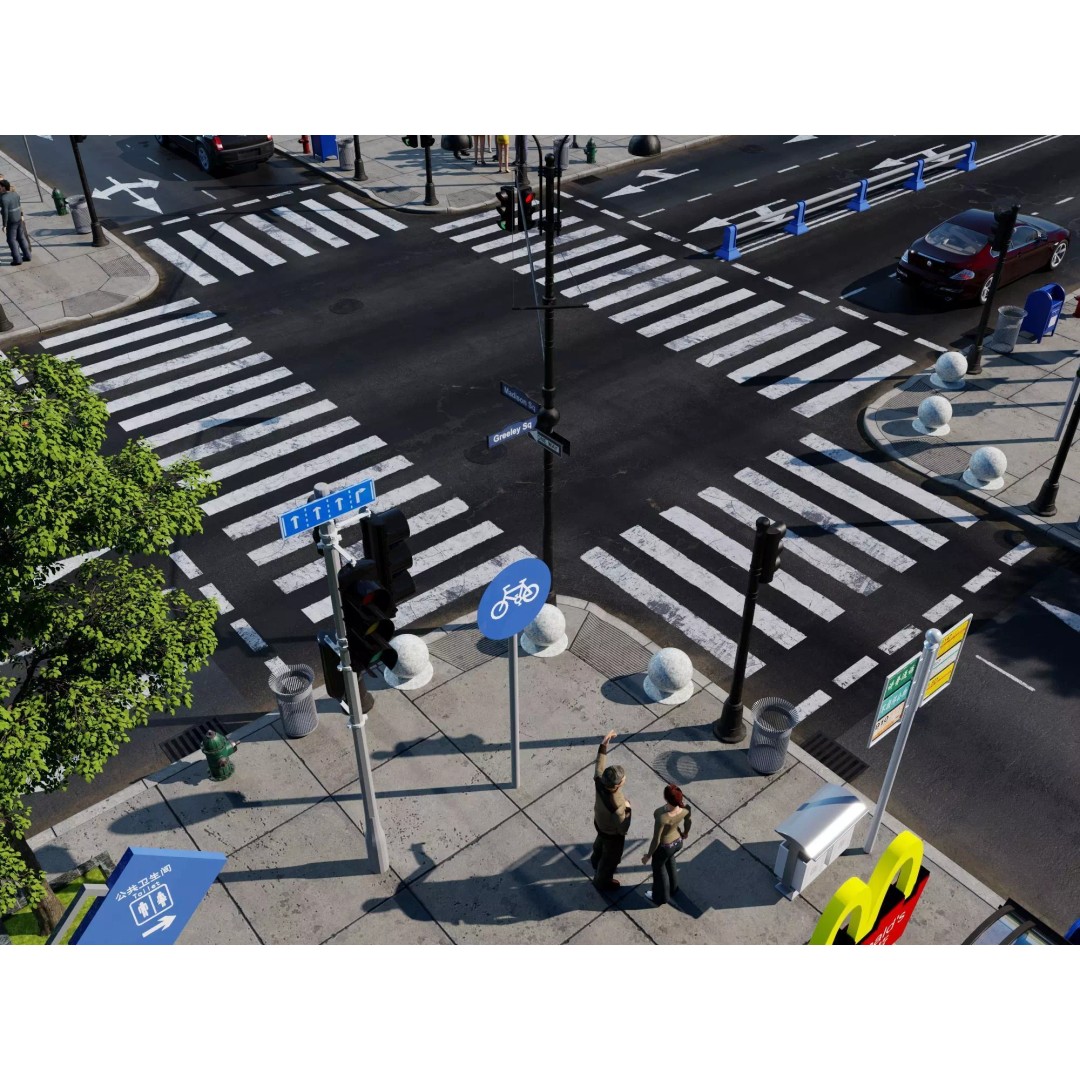 City Street Intersection 3D Model – Low Poly Urban Scene, FBX, PBR - View 8