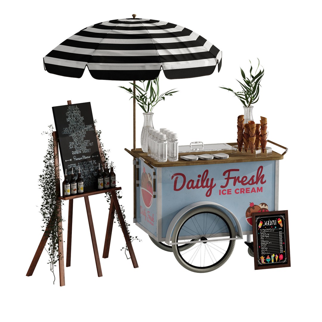 Ice Cream Cart 3D Model – Blue Exterior Vehicle with PBR Textures - View 12