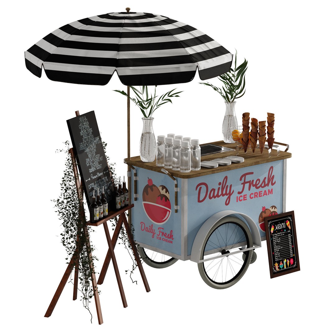 Ice Cream Cart 3D Model – Blue Exterior Vehicle with PBR Textures - View 13