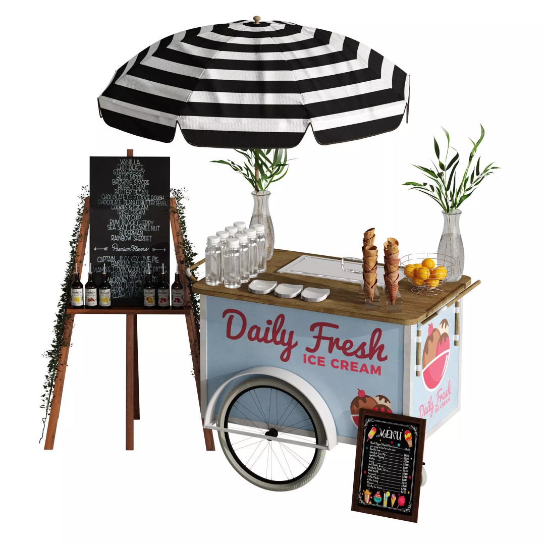 Ice Cream Cart 3D Model – Blue Exterior Vehicle with PBR Textures - View 2