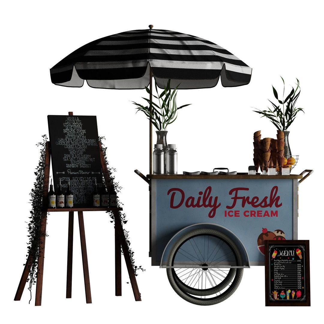 Ice Cream Cart 3D Model – Blue Exterior Vehicle with PBR Textures - View 20