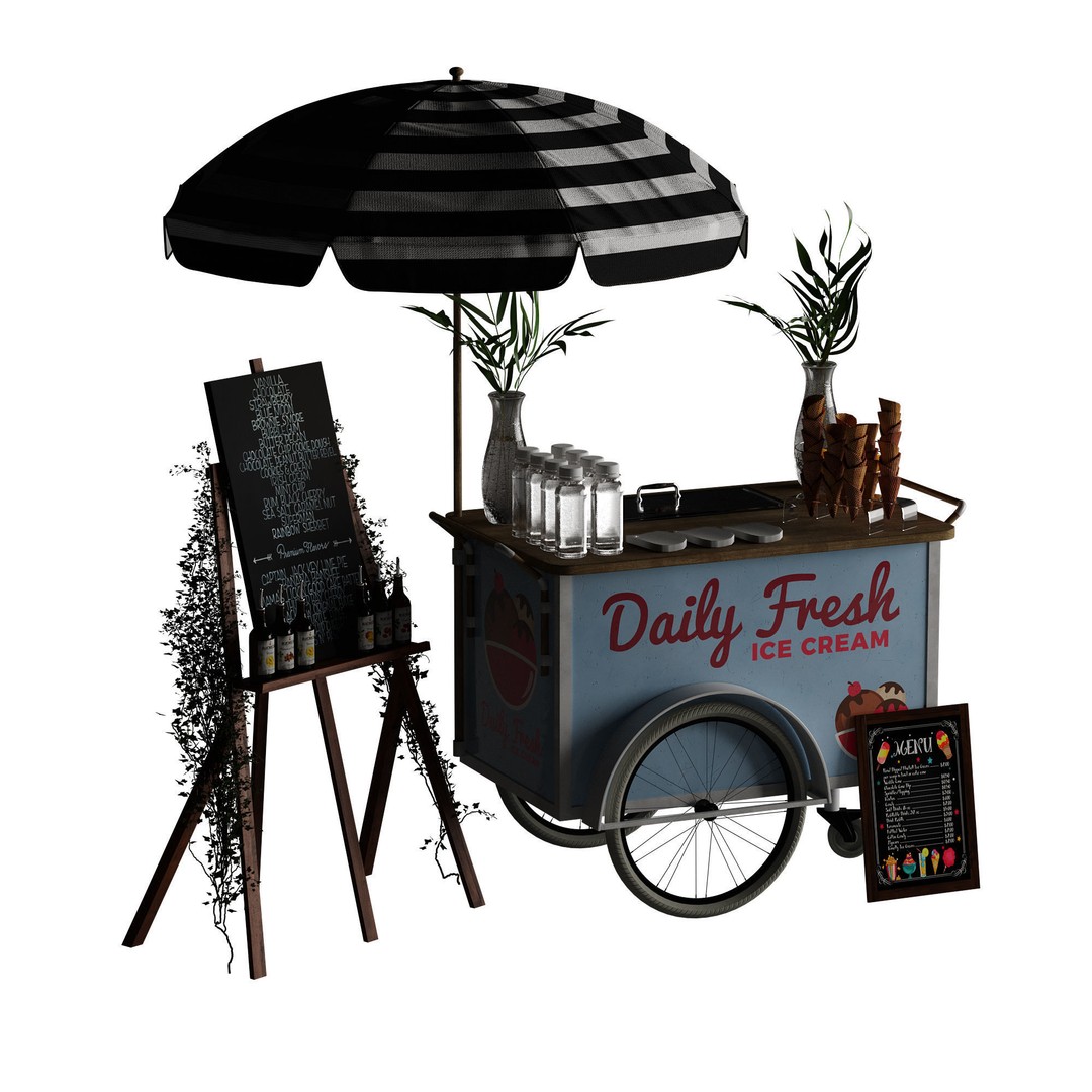 Ice Cream Cart 3D Model – Blue Exterior Vehicle with PBR Textures - View 22