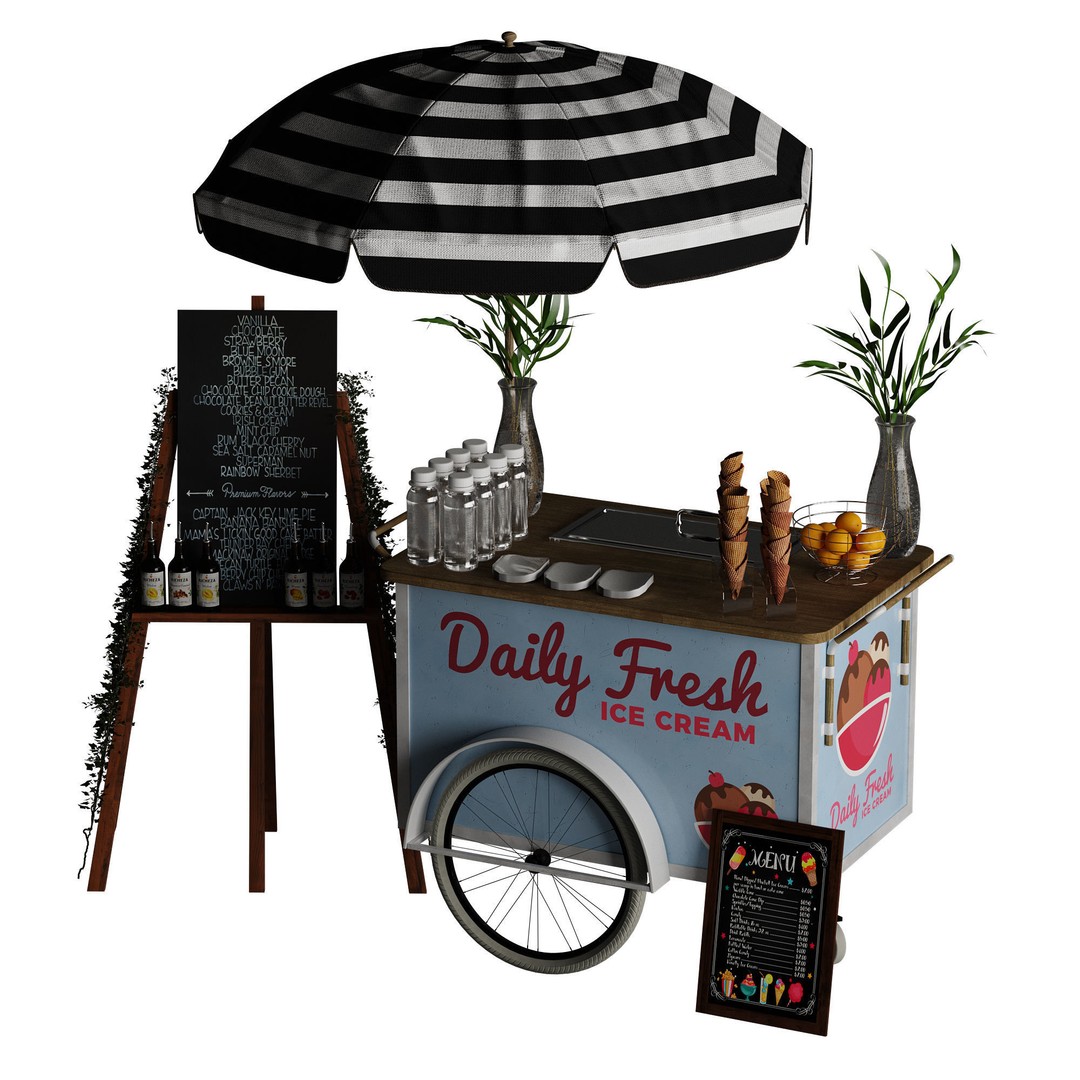 Ice Cream Cart 3D Model – Blue Exterior Vehicle with PBR Textures - View 23