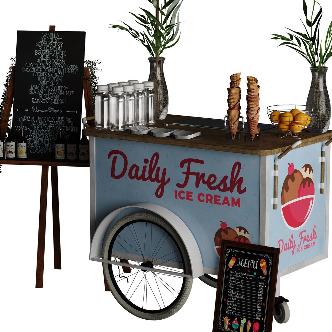 Ice Cream Cart 3D Model – Blue Exterior Vehicle with PBR Textures - View 24