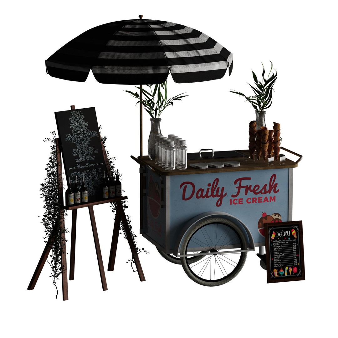 Ice Cream Cart 3D Model – Blue Exterior Vehicle with PBR Textures - View 25