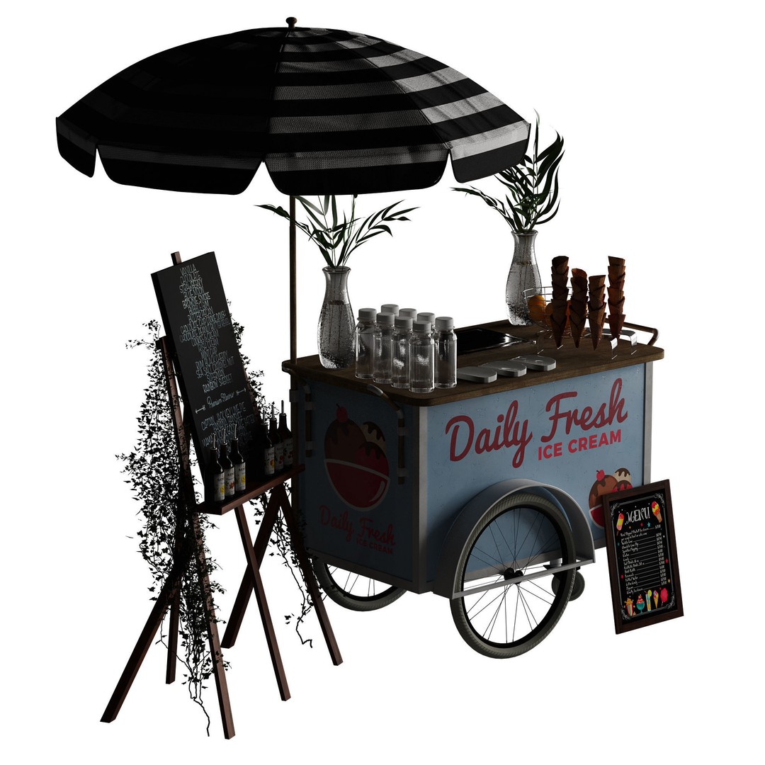 Ice Cream Cart 3D Model – Blue Exterior Vehicle with PBR Textures - View 26