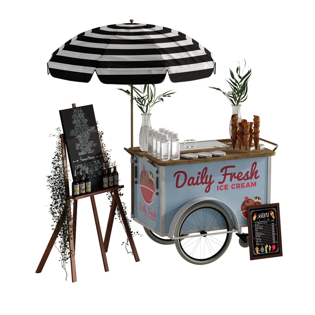 Ice Cream Cart 3D Model – Blue Exterior Vehicle with PBR Textures - View 3