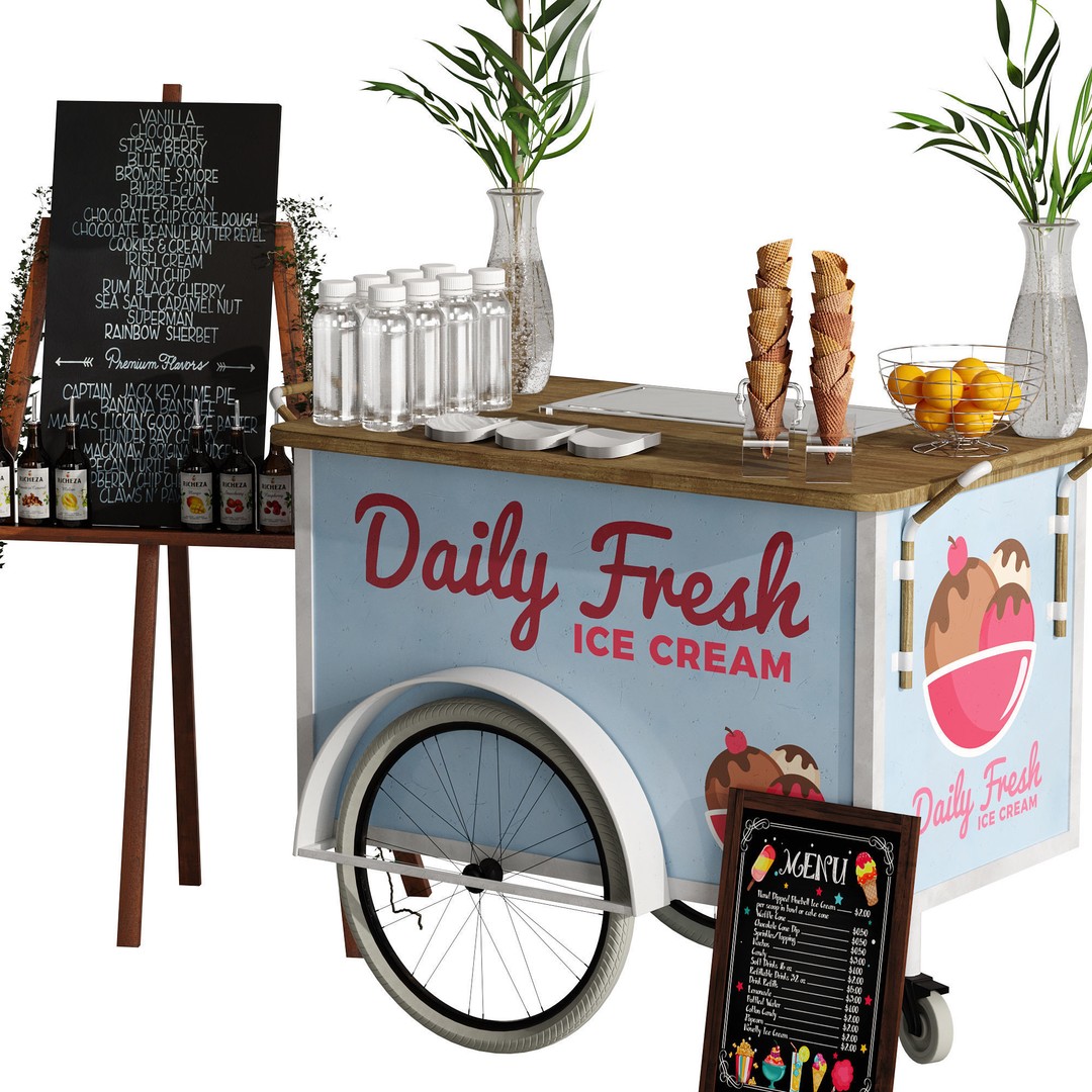 Ice Cream Cart 3D Model – Blue Exterior Vehicle with PBR Textures - View 4