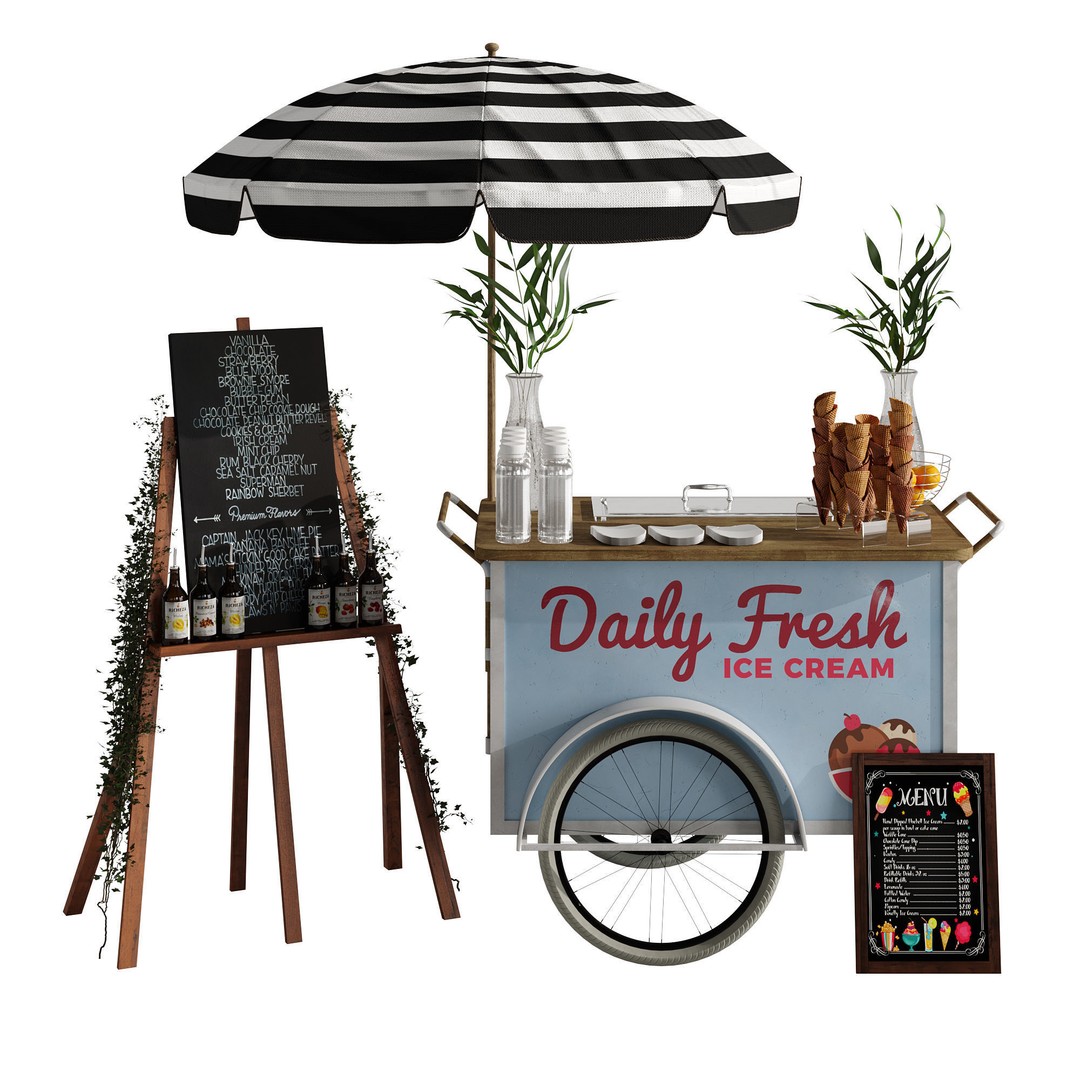 Ice Cream Cart 3D Model – Blue Exterior Vehicle with PBR Textures - View 7