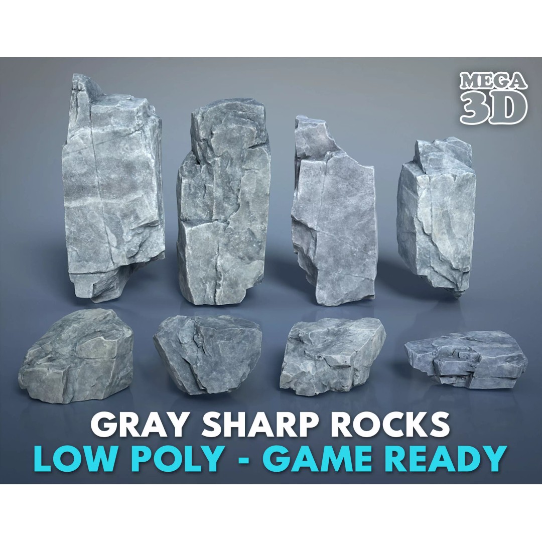 Gray Sharp Rocks 3D Model – Low Poly Game Asset, FBX, Blender - View 2