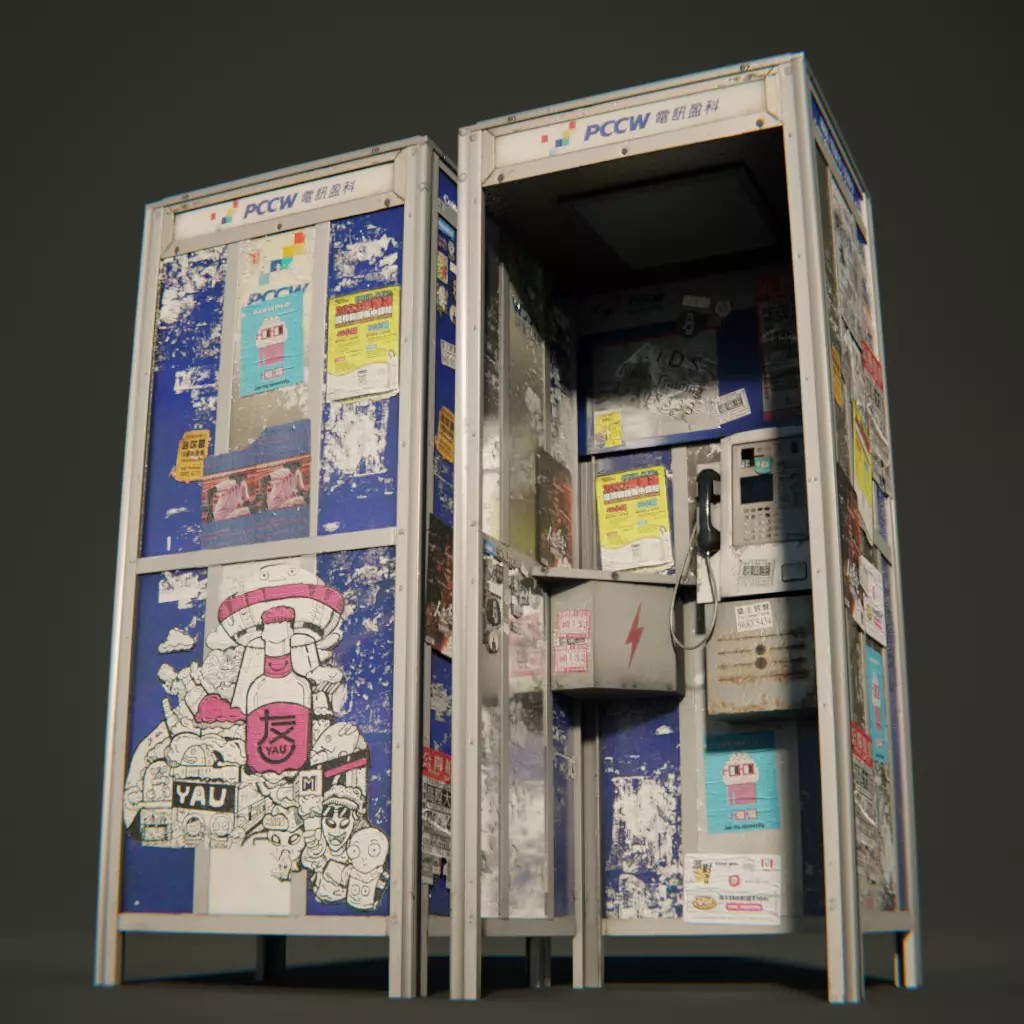 Old Hong Kong Telephone Booth 3D Model – Low Poly PBR Asset, FBX & OBJ - View 2