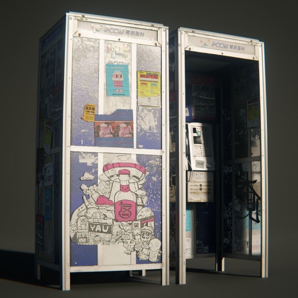 Old Hong Kong Telephone Booth 3D Model – Low Poly PBR Asset, FBX & OBJ - View 3