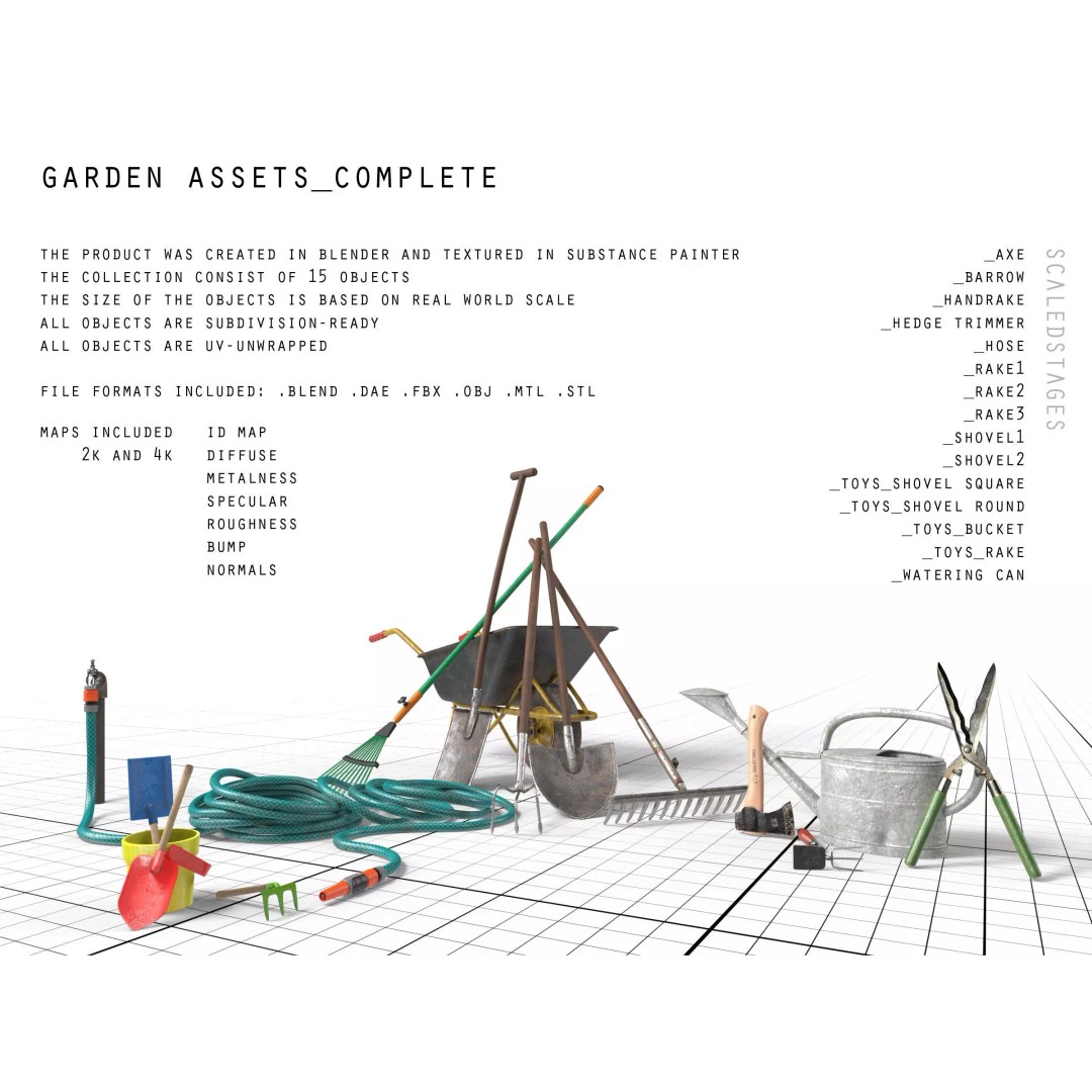 Garden Tools 3D Model – Low Poly PBR Assets for Blender, FBX - View 2