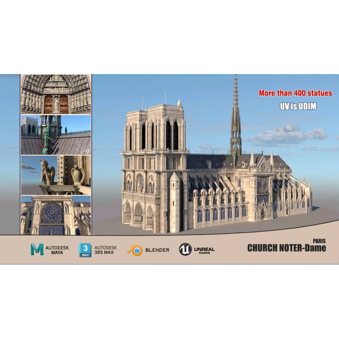 Cathedral Notre Dame de Paris 3D Model – PBR Exterior Asset, FBX - View 2