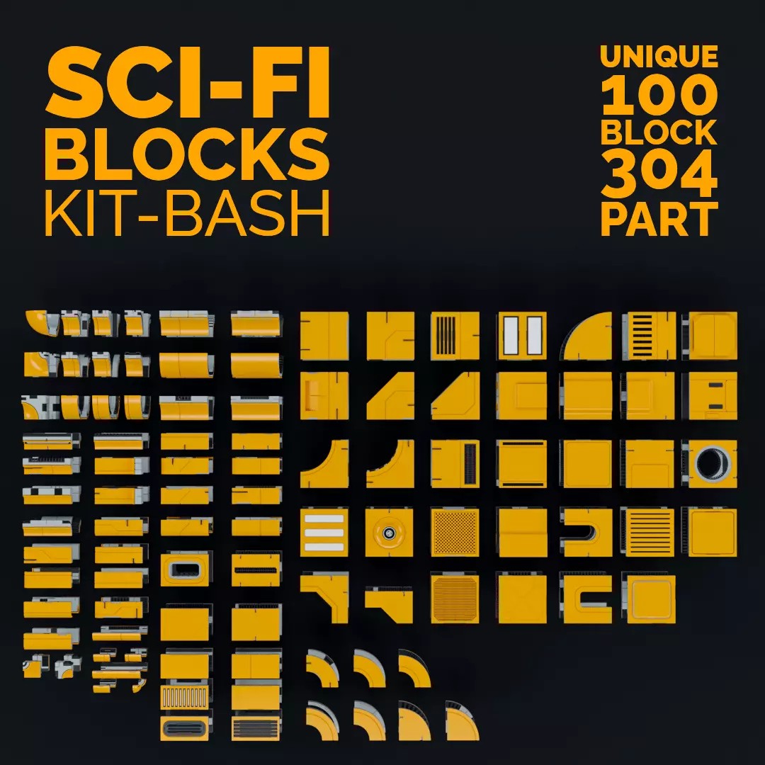 Sci-Fi Blocks 3D Model – Detailed Kit-Bash Set, FBX, Game Ready - View 2