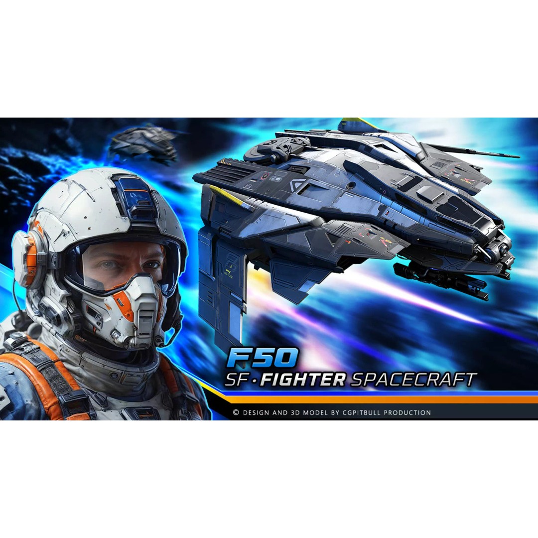 SF Fighter F50 3D Model – Low Poly Sci-Fi Spaceship, FBX, OBJ - View 2