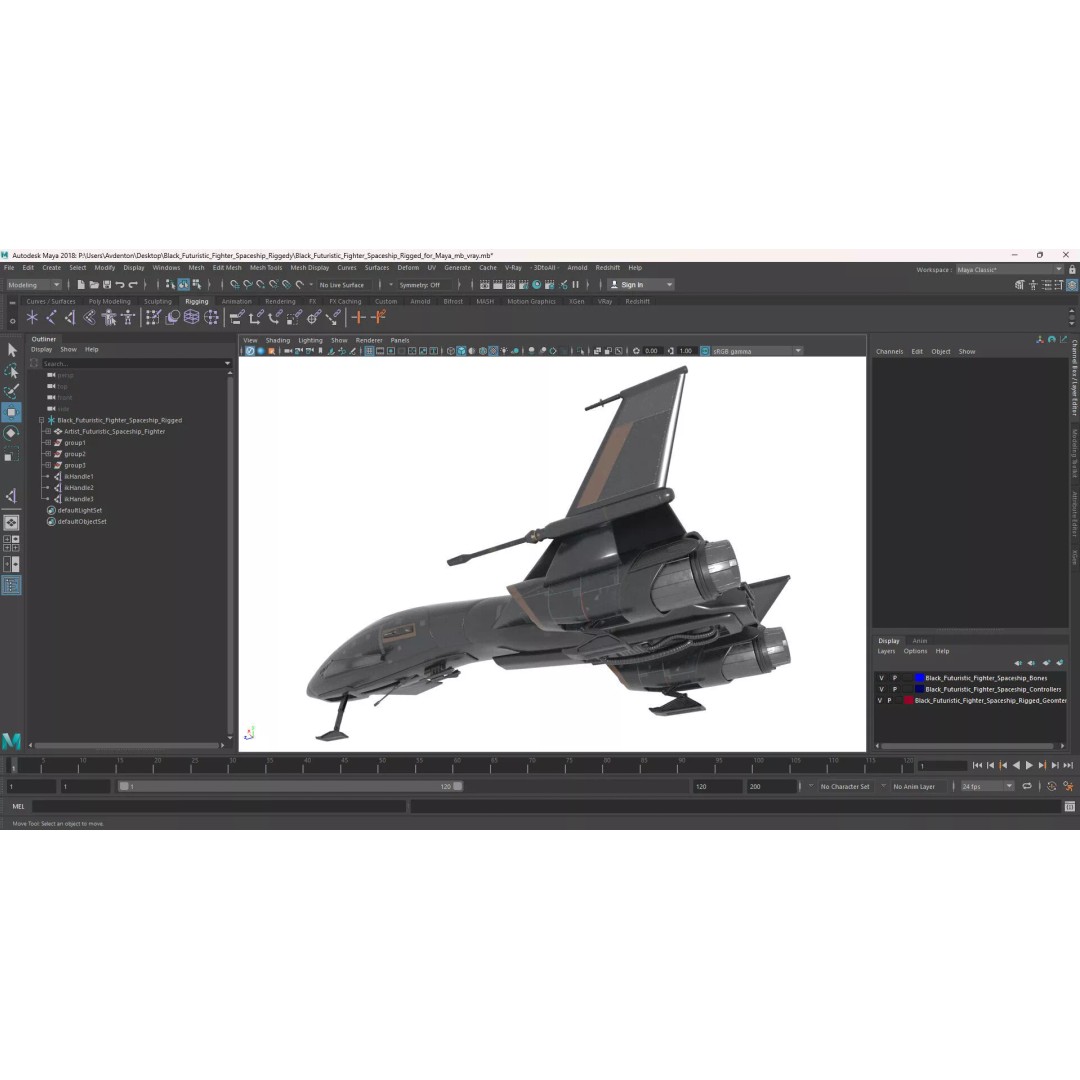 Black Futuristic Fighter Spaceship 3D Model – Rigged PBR Asset for Maya