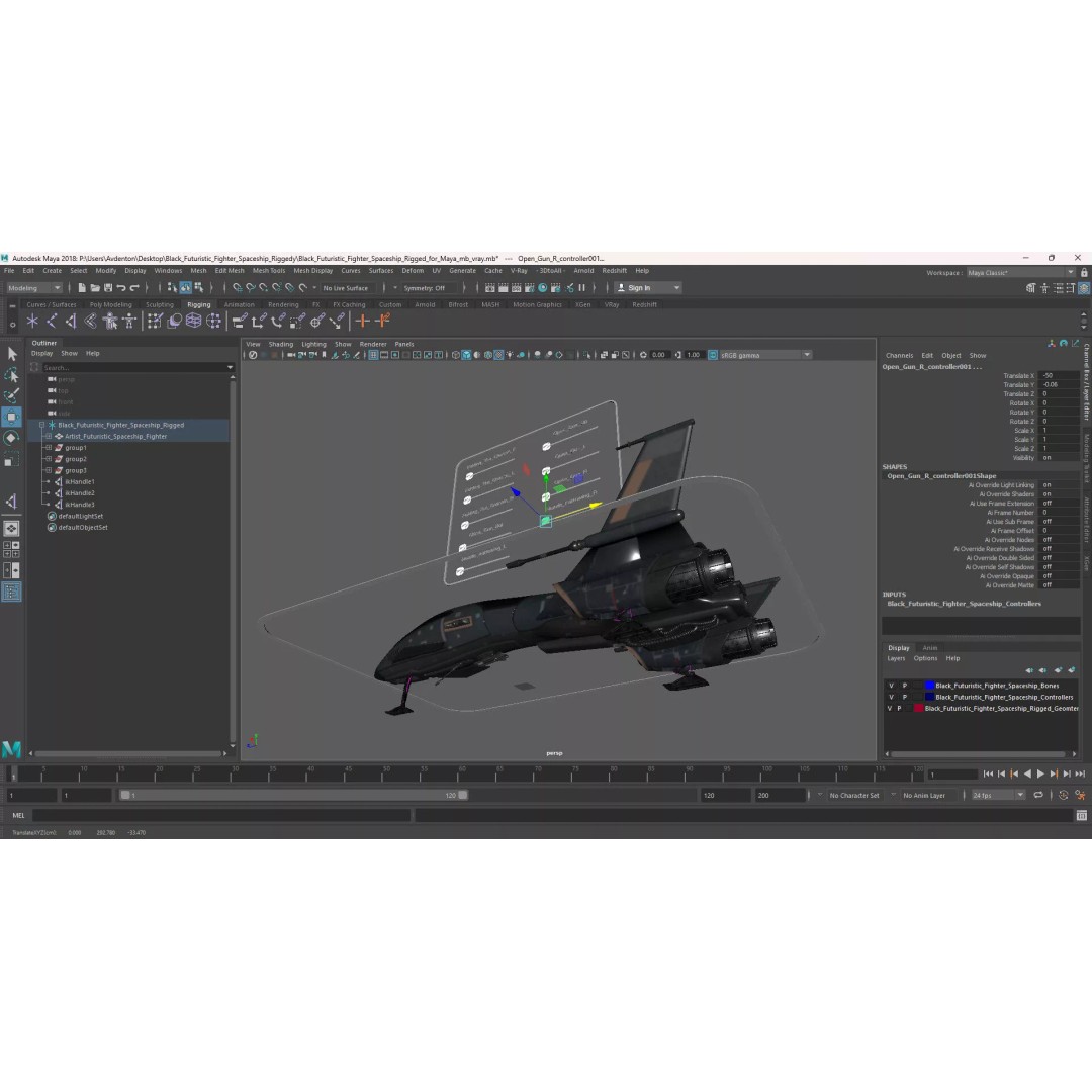 Black Futuristic Fighter Spaceship 3D Model – Rigged PBR Asset for Maya - View 24