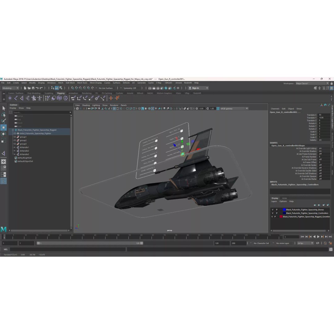 Black Futuristic Fighter Spaceship 3D Model – Rigged PBR Asset for Maya - View 25