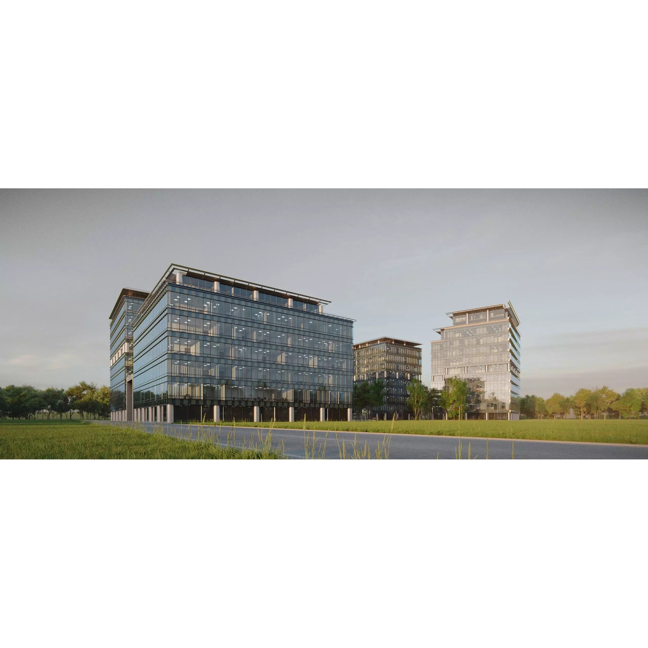 Glass Office Buildings - Modern Business Center 3D Model - View 3