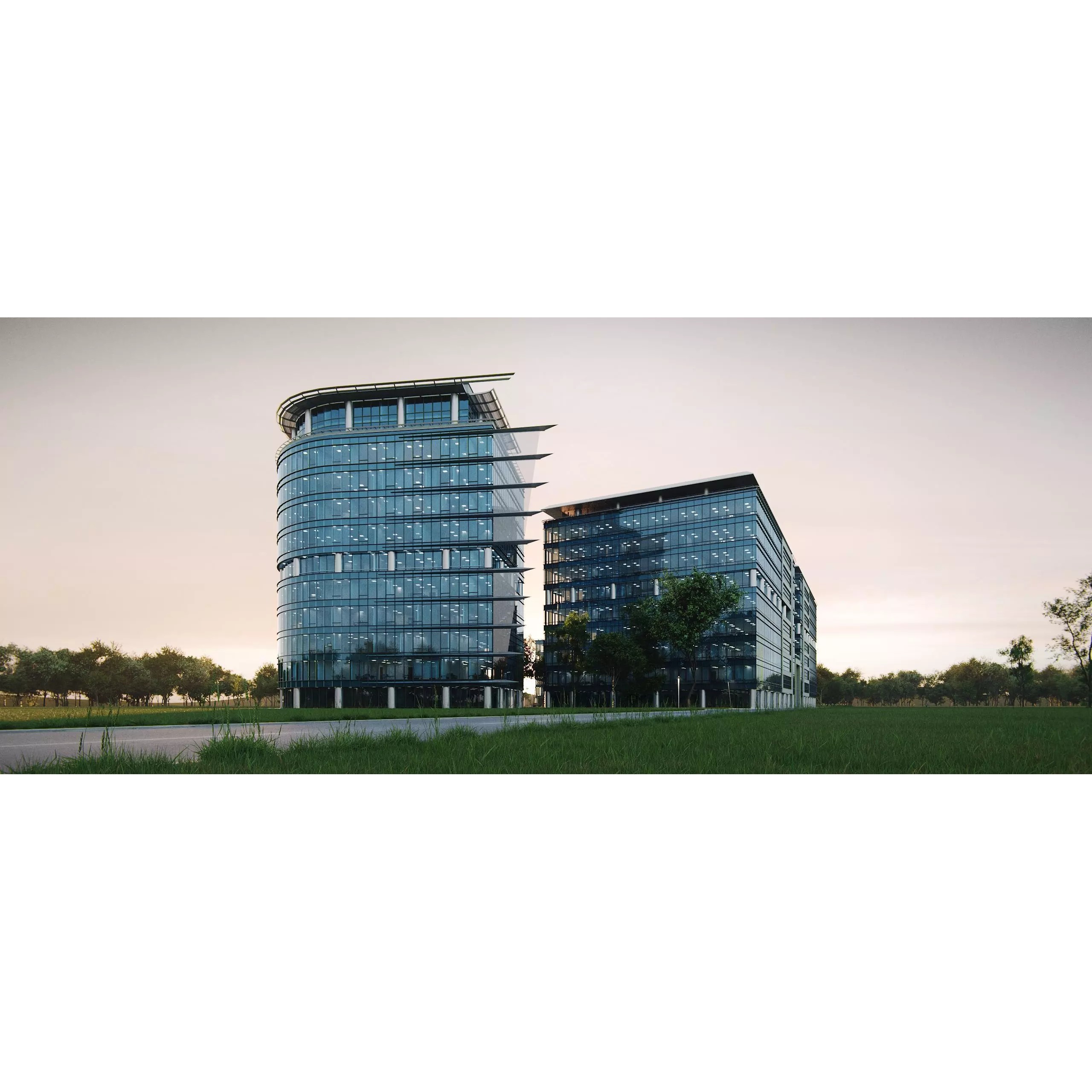 Glass Office Buildings - Modern Business Center 3D Model - View 6