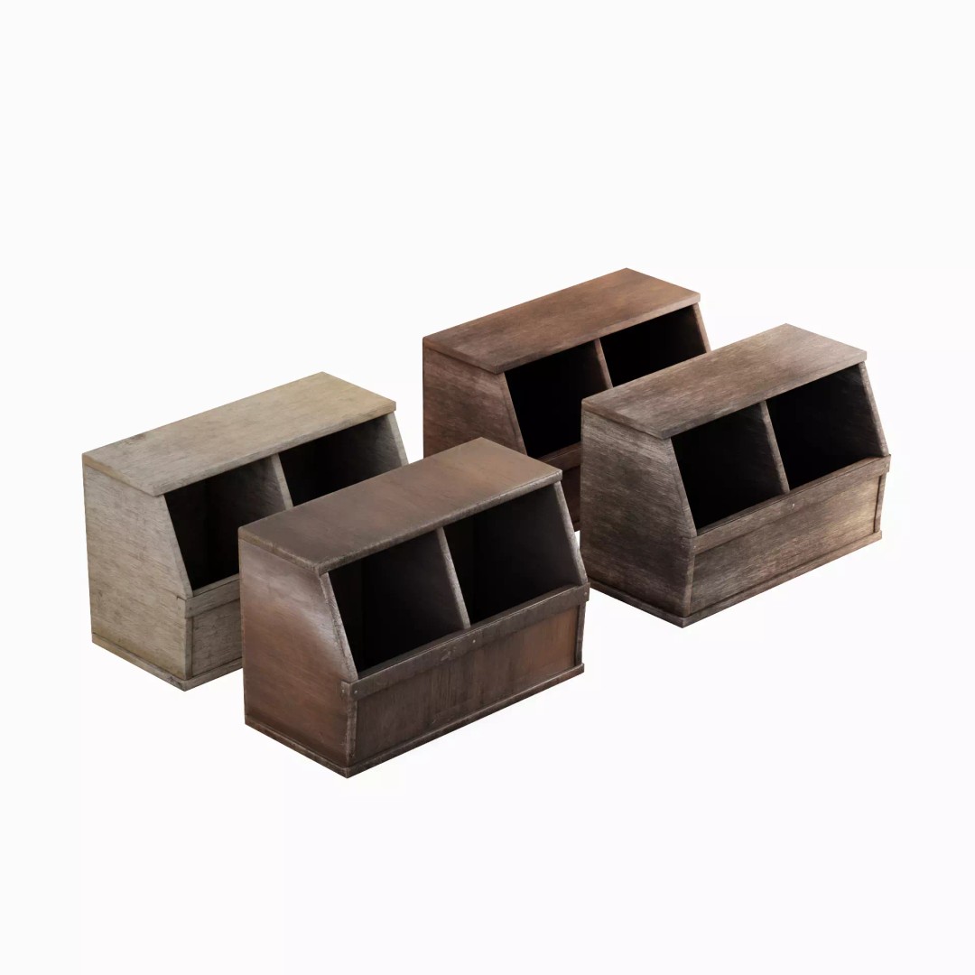 Wooden Storage Bin Set 3D Model – Low Poly Game Asset, FBX, PBR - View 2