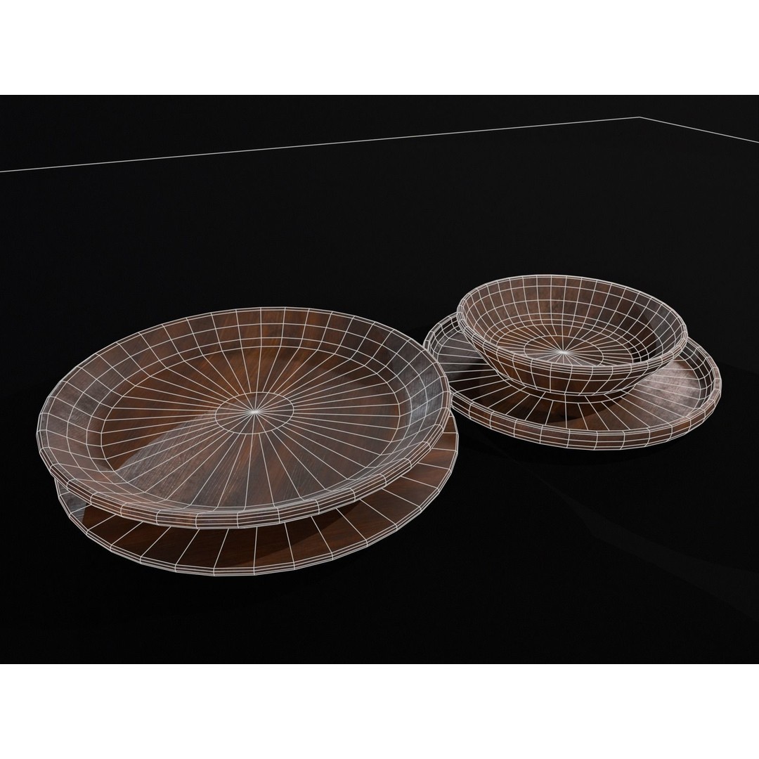 Medieval Wood Dishes Set 3D Model – Low Poly Kitchenware, FBX, OBJ