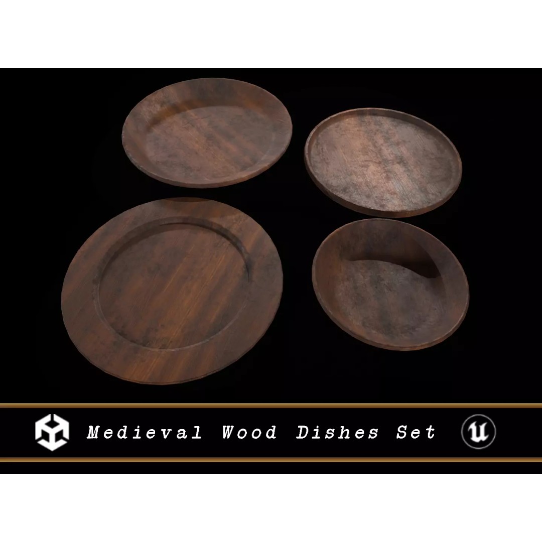 Medieval Wood Dishes Set 3D Model – Low Poly Kitchenware, FBX, OBJ - View 2