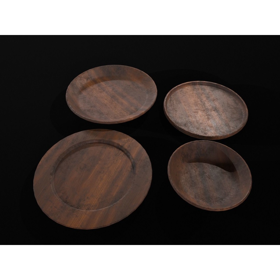 Medieval Wood Dishes Set 3D Model – Low Poly Kitchenware, FBX, OBJ - View 3