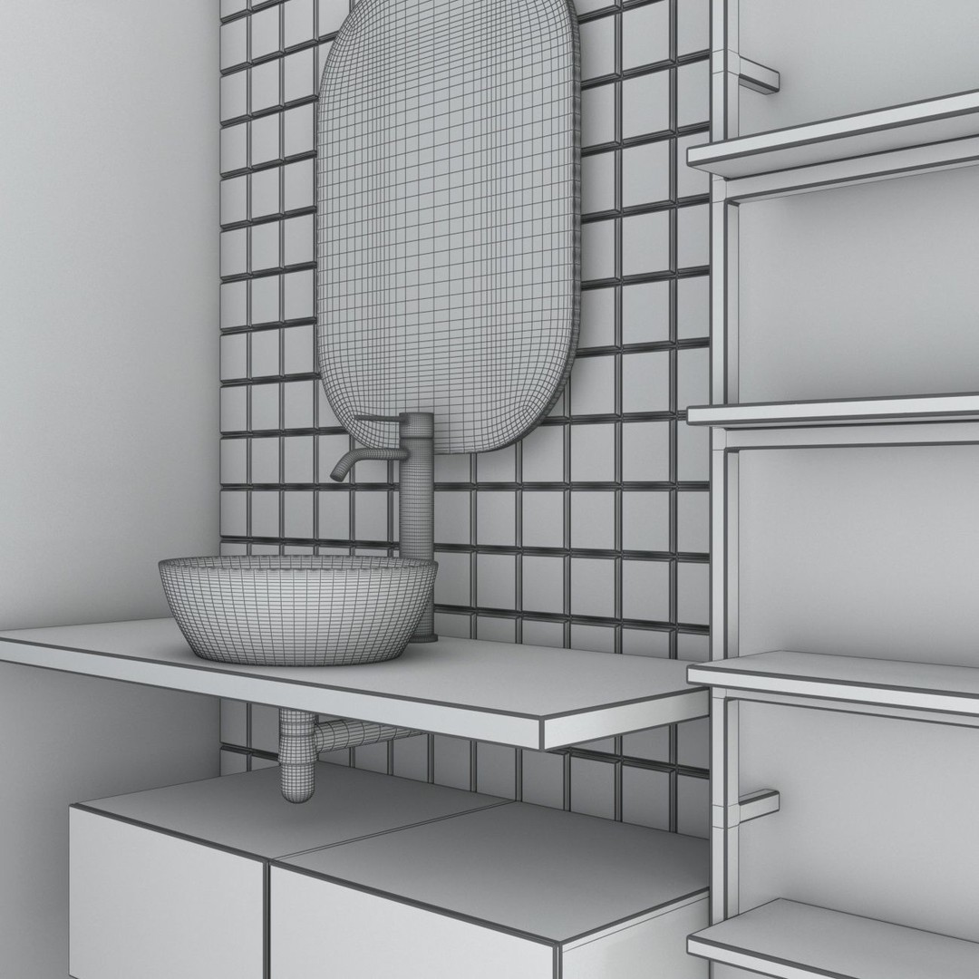 Modern Bathroom Set 3D Model – PBR Textured with Black Marble and Wood Shelves