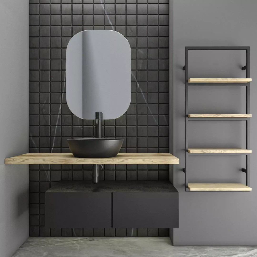 Modern Bathroom Set 3D Model – PBR Textured with Black Marble and Wood Shelves - View 2