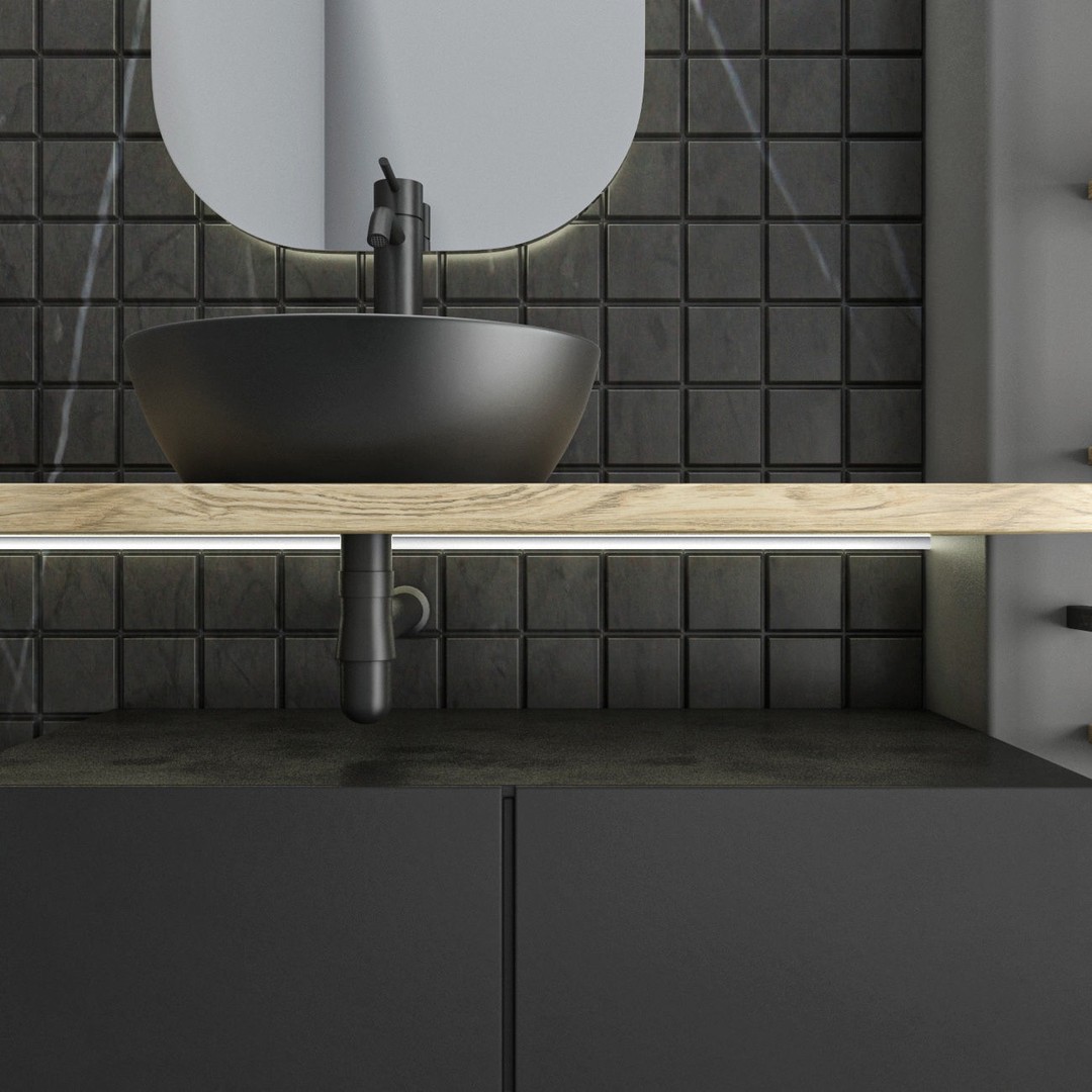Modern Bathroom Set 3D Model – PBR Textured with Black Marble and Wood Shelves - View 3