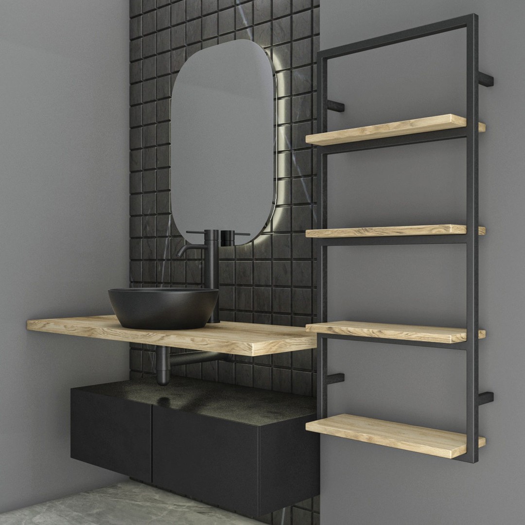 Modern Bathroom Set 3D Model – PBR Textured with Black Marble and Wood Shelves - View 4