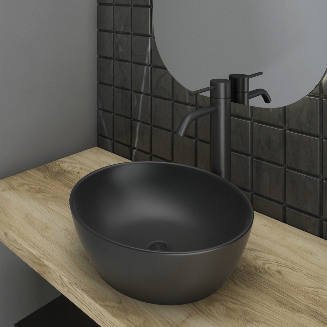 Modern Bathroom Set 3D Model – PBR Textured with Black Marble and Wood Shelves - View 5