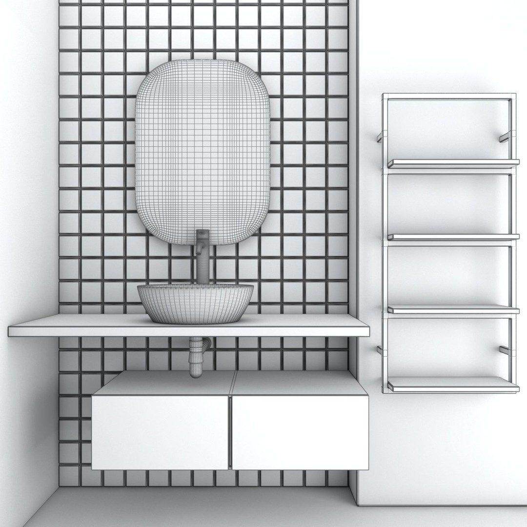 Modern Bathroom Set 3D Model – PBR Textured with Black Marble and Wood Shelves - View 6