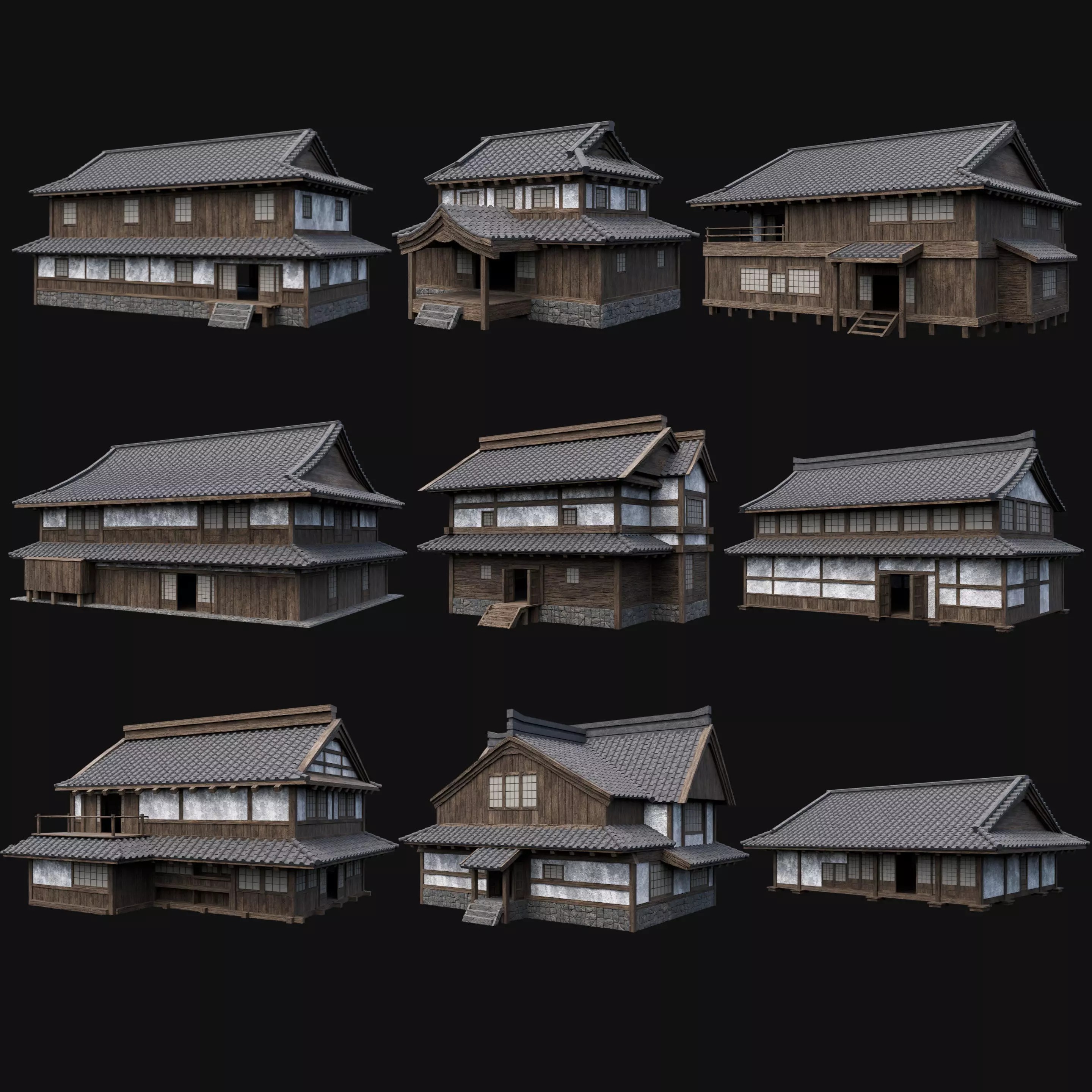 Japanese Feudal Houses - Low-Poly Game-Ready 3D Model - View 2