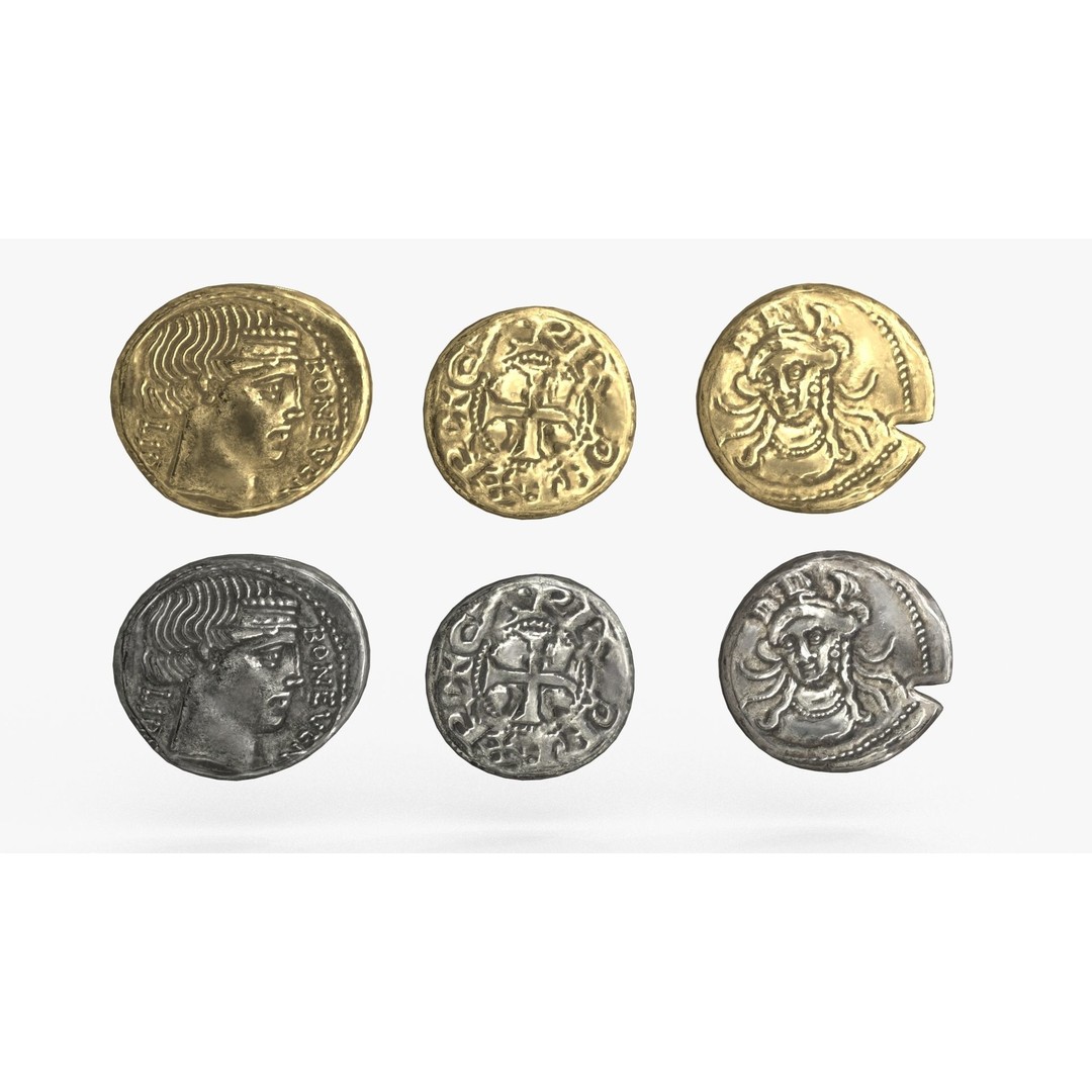 Old Coins 3D Model – Low Poly PBR Asset, FBX, OBJ, Game Ready - View 3