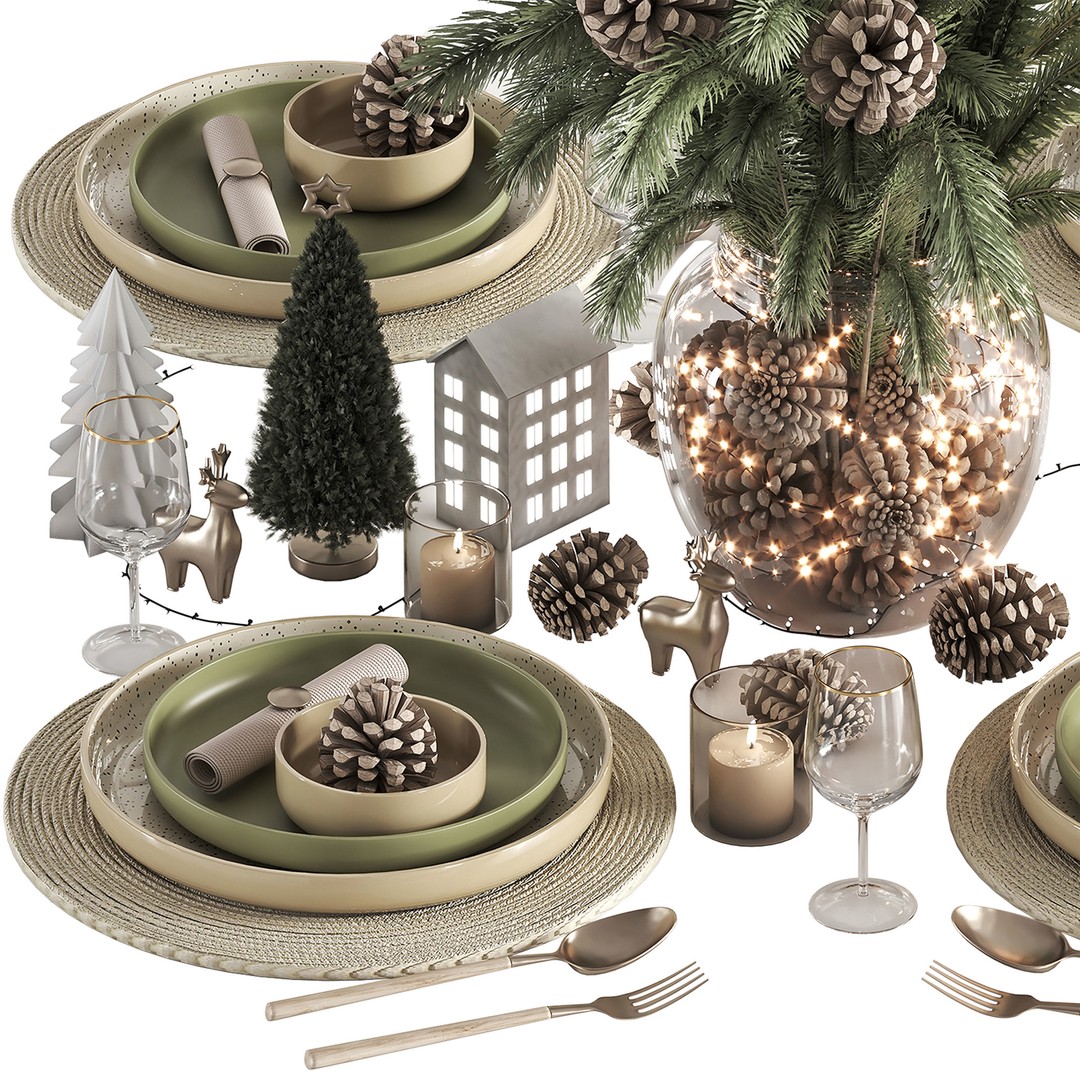 Christmas Tableware Setting 3D Model – High Poly, OBJ, Vray, Corona - View 3