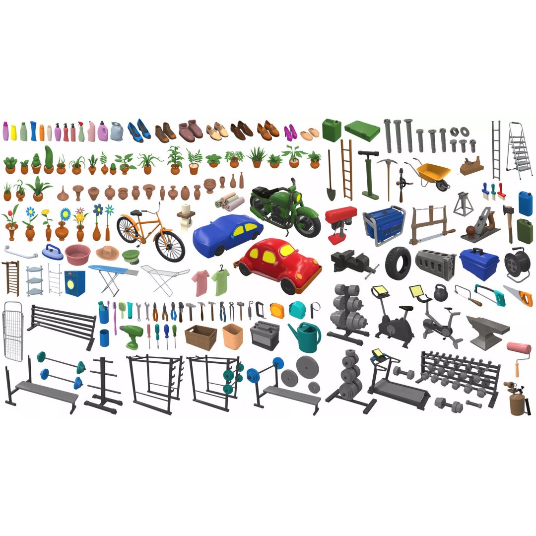 Cartoon Work Props 3D Model – Stylized Household & Gym Accessories, FBX - View 2