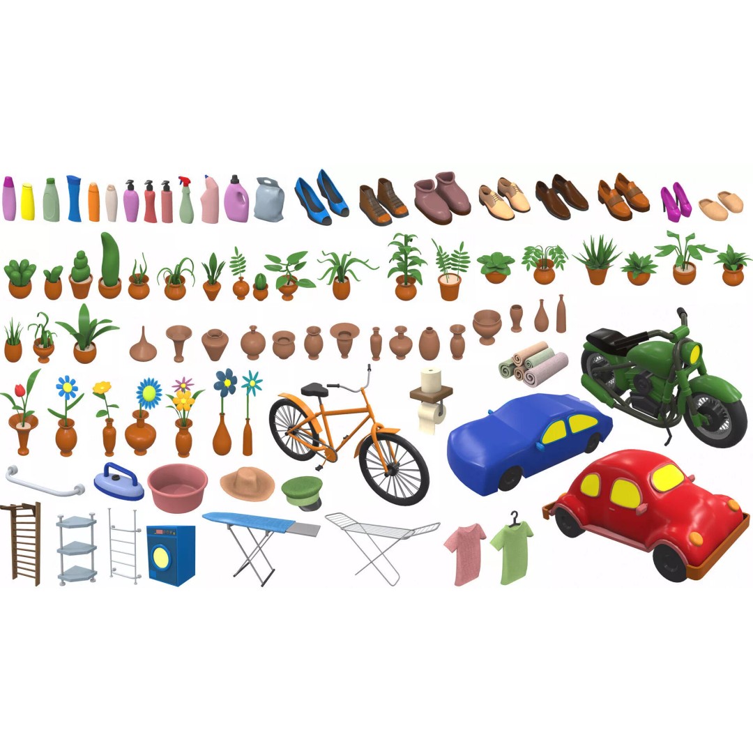 Cartoon Work Props 3D Model – Stylized Household & Gym Accessories, FBX - View 3