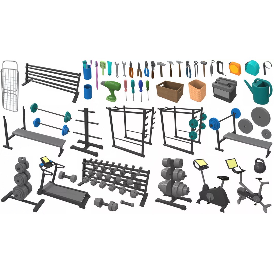 Cartoon Work Props 3D Model – Stylized Household & Gym Accessories, FBX - View 4