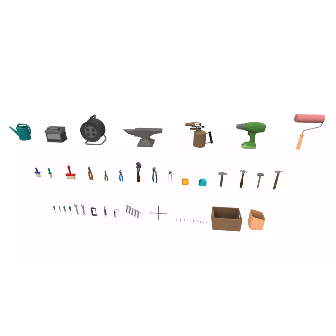 Cartoon Work Props 3D Model – Stylized Household & Gym Accessories, FBX - View 8
