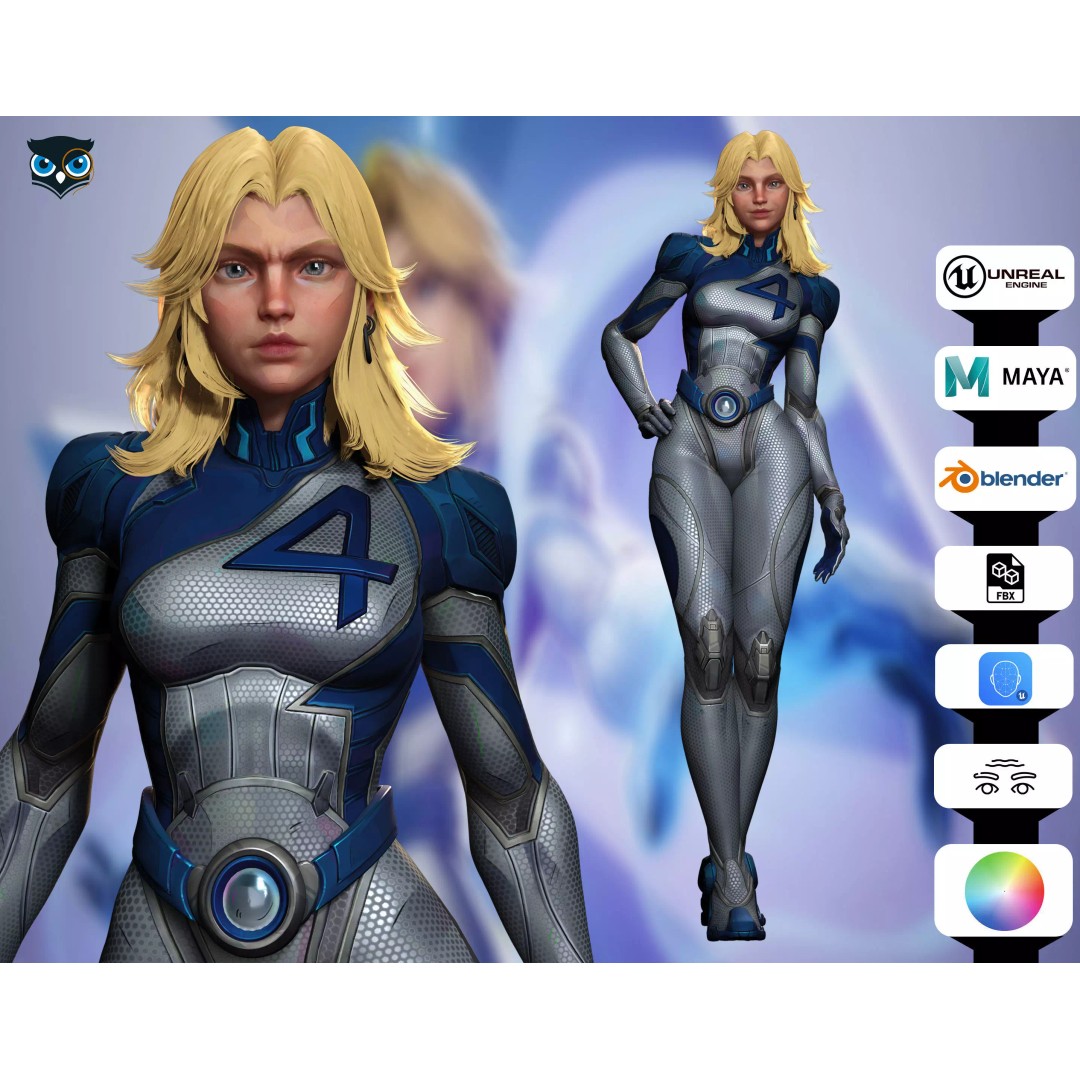 Invisible Woman 3D Model – Low Poly Rigged Character for Animation - View 2