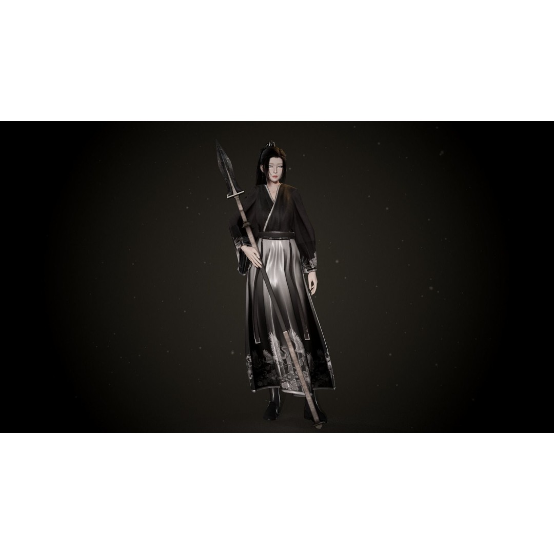 Chinese Hanfu Dress Warrior 3D Model – Low Poly Rigged Character, FBX - View 3