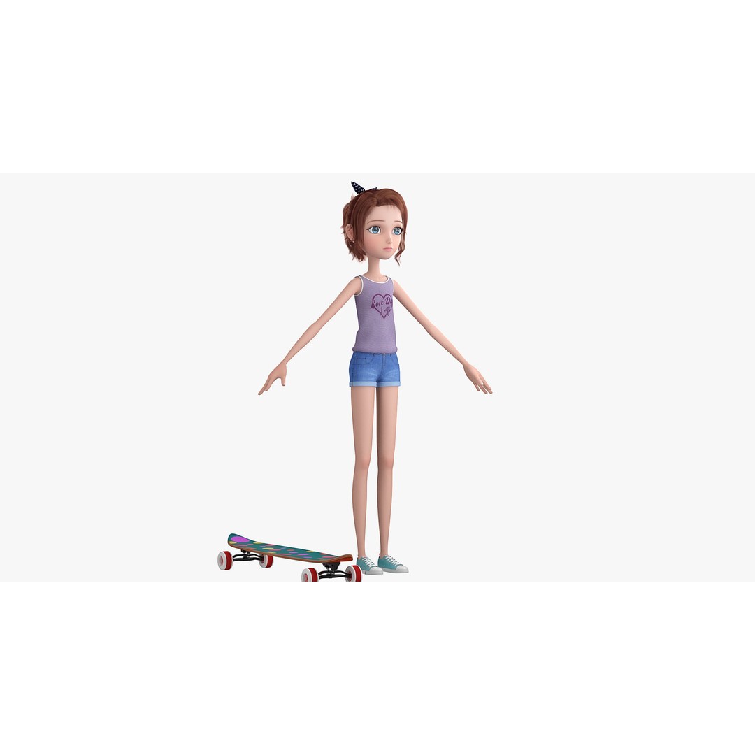 Cartoon Skate Girl 3D Model – Rigged Character for Animation, FBX - View 12
