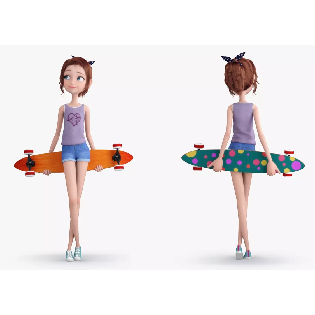 Cartoon Skate Girl 3D Model – Rigged Character for Animation, FBX - View 2