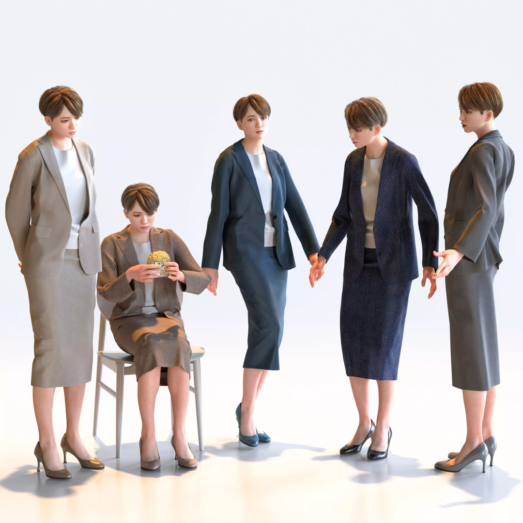 Posed Asian Business Woman 3D Model – Low Poly Game Asset, FBX/OBJ - View 2