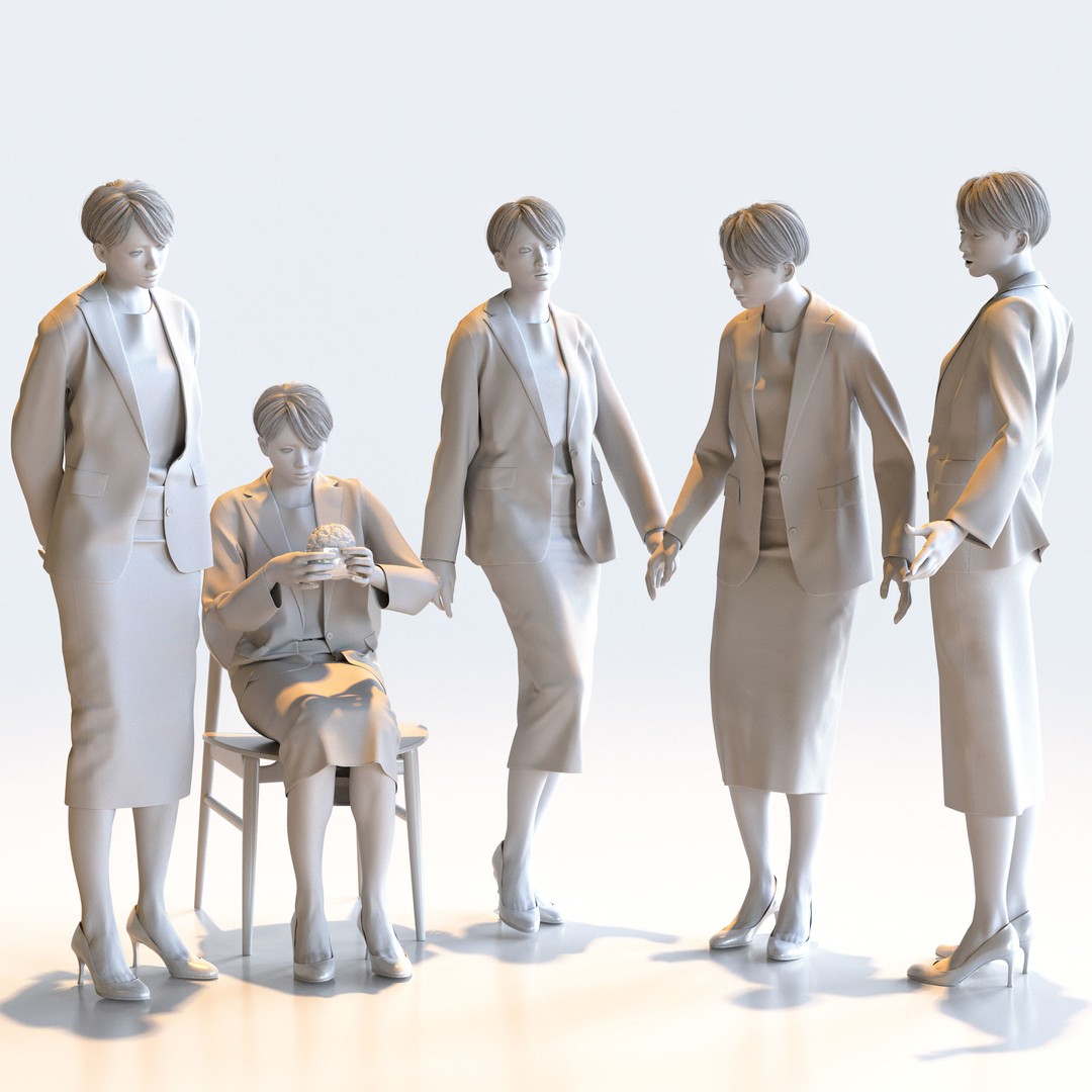 Posed Asian Business Woman 3D Model – Low Poly Game Asset, FBX/OBJ - View 3
